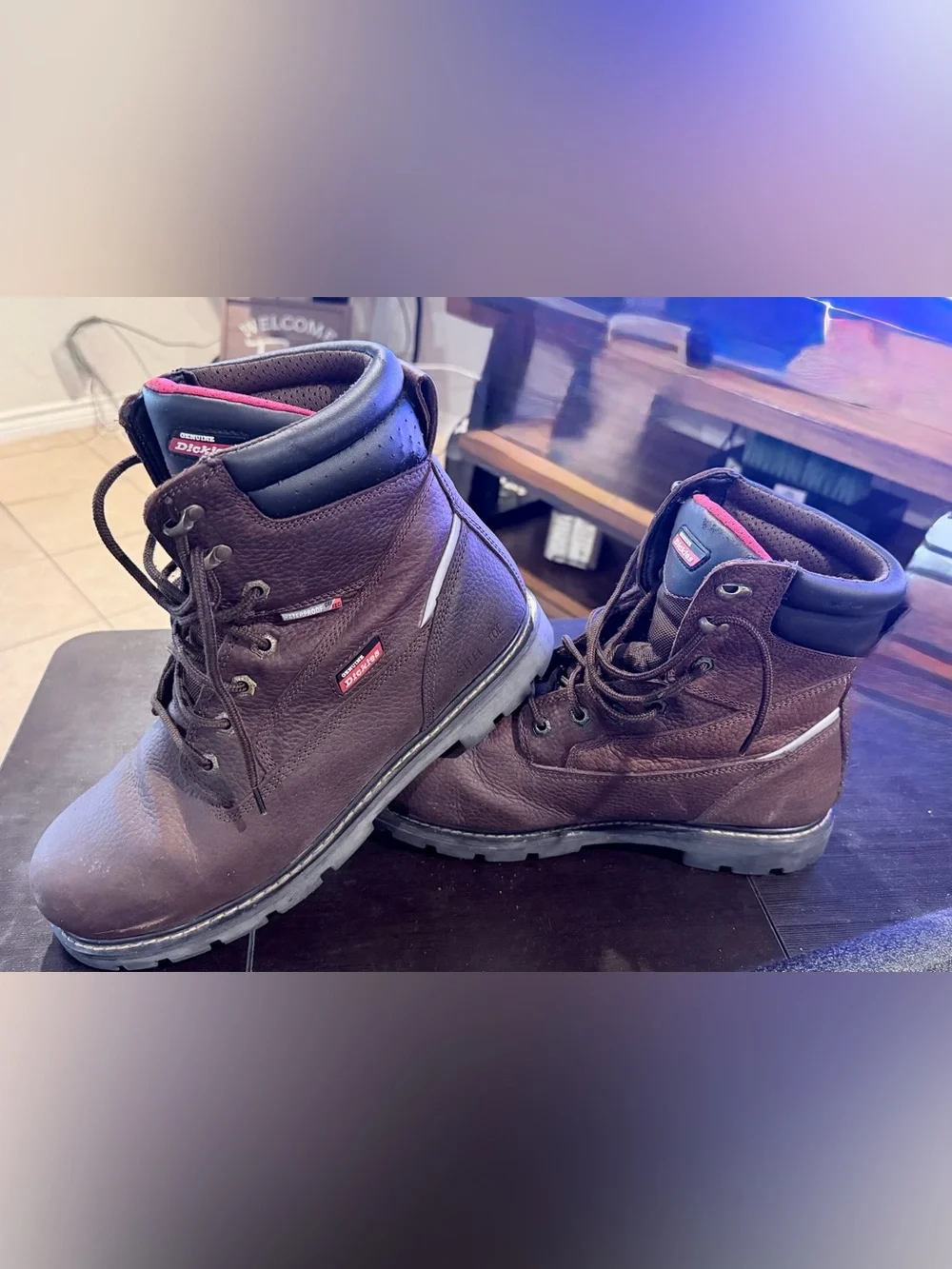 Steel Toe Dickies Brown Men’s Work Boots with Black Collar and Red Trim